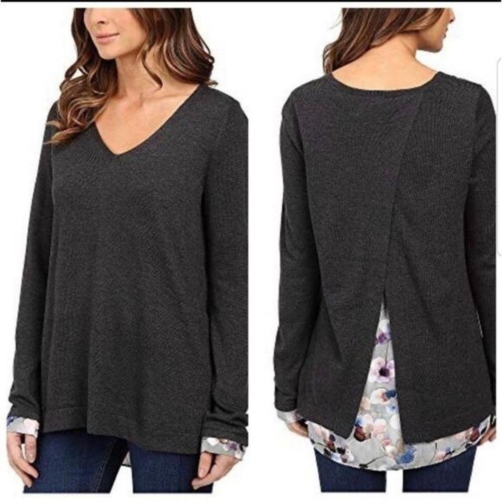 NYDJ S Sweater‎ Gray Floral Cashmere Blend AUTUMN FIELDS Mixed Media Whimsigoth